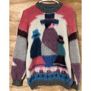 Vintage 80s Folk Mohair Wool Peruvian Handmade Sweater Cottage Core Color Block